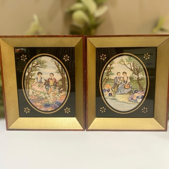 Antique Embroidered Silk c1930s Framed Set 2 Wall Hanging Pictures Needlepoint